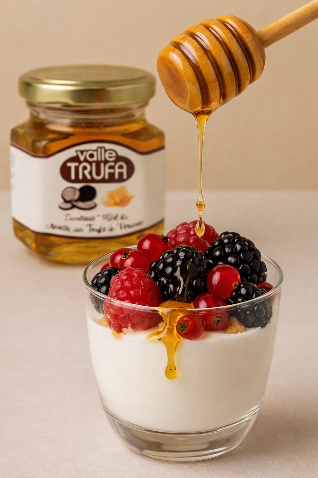 Yogur griego con frutas y miel con trufa
