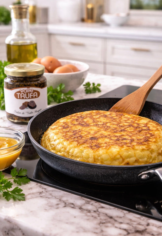 Tortilla de patata gourmet con salsa de trufa negra Valle Trufa servida en sartén negra con aceite de trufa y huevos frescos